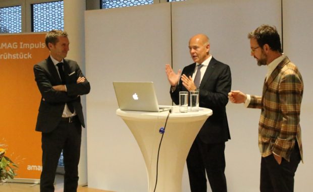 Morten Hannesbo, Dr. Peter Grünenfelder und Moderator Nik Hartmann am AMAG Impuls Frühstück.